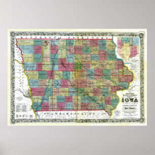 Póster Mapa Iowa de 1856 antiguo