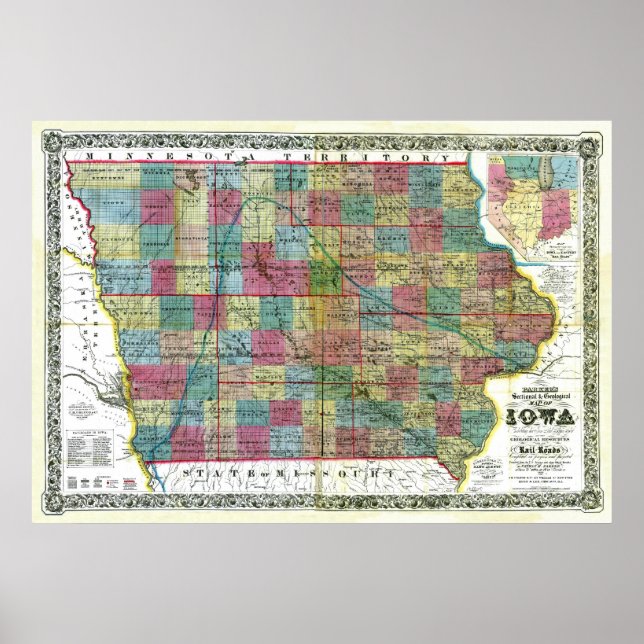 Póster Mapa Iowa de 1856 antiguo (Frente)