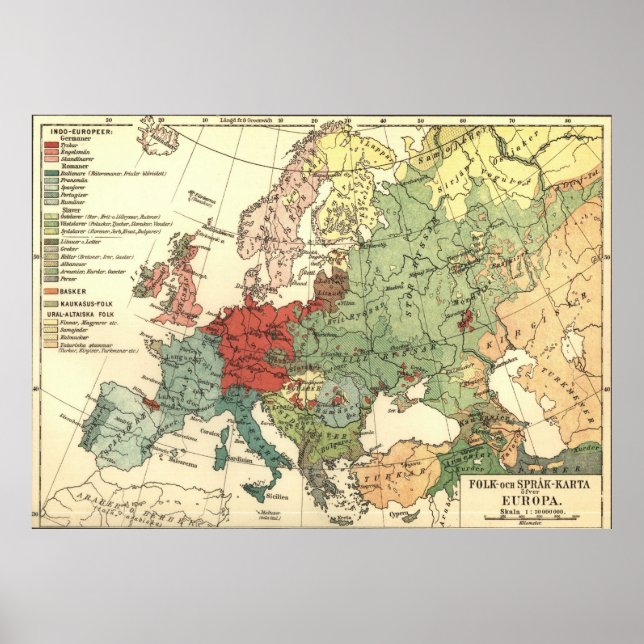 Póster Mapa lingüístico vintage de Europa (1907) (Frente)