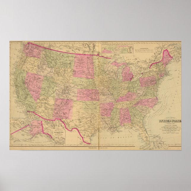 Póster Mapa litografiado a mano de Estados Unidos (Frente)