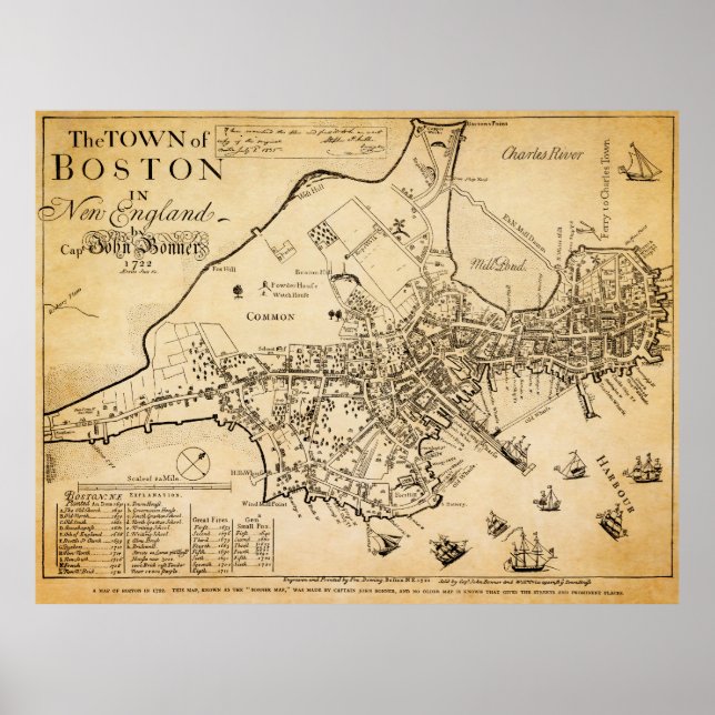 Póster Mapa más conocido de Boston 1722 (Frente)