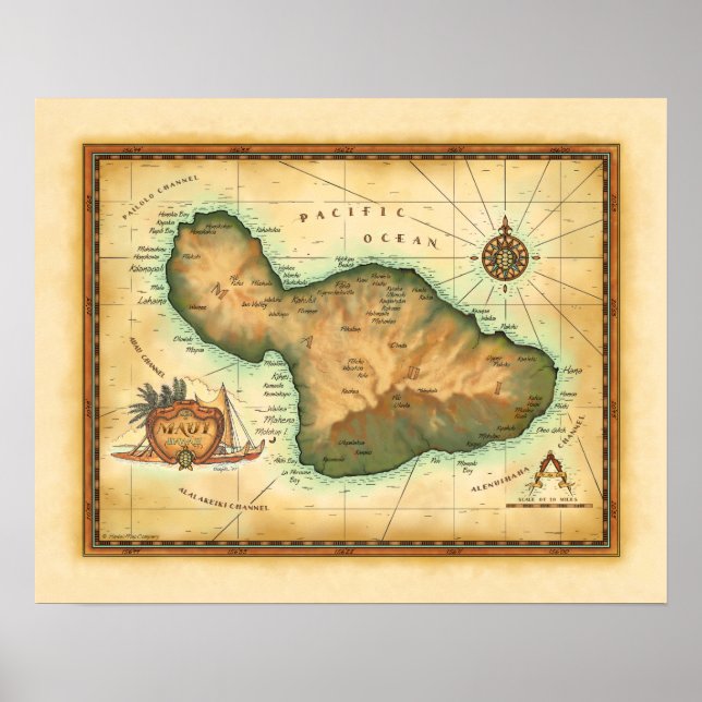 Póster Mapa Maui de las Islas Hawái (Frente)