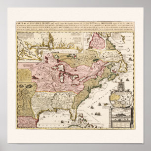 Póster Mapa medieval francés de Quebec/Nueva Francia Amér