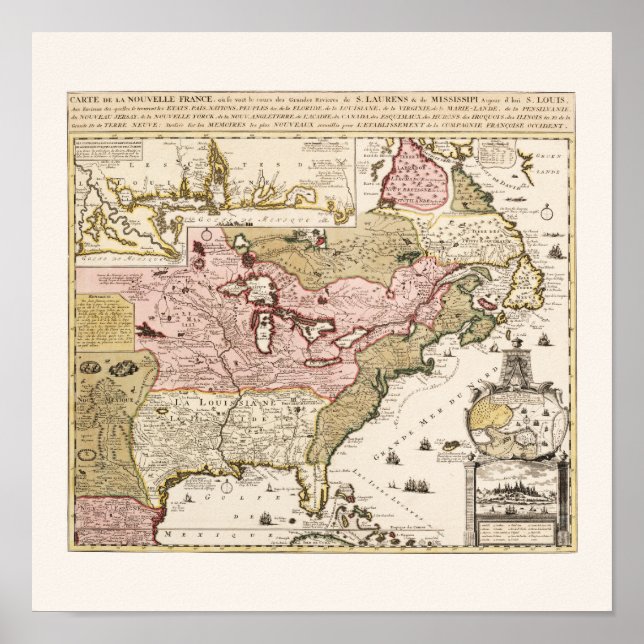 Póster Mapa medieval francés de Quebec/Nueva Francia Amér (Frente)
