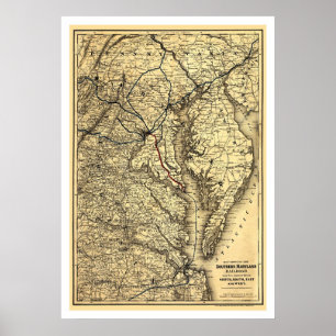 Póster Mapa meridional 1881 del ferrocarril de Maryland