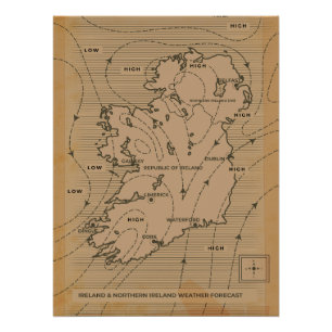 Póster Mapa meteorológico antiguo de Irlanda y Irlanda de