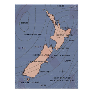 Póster mapa meteorológico antiguo de Nueva Zelanda