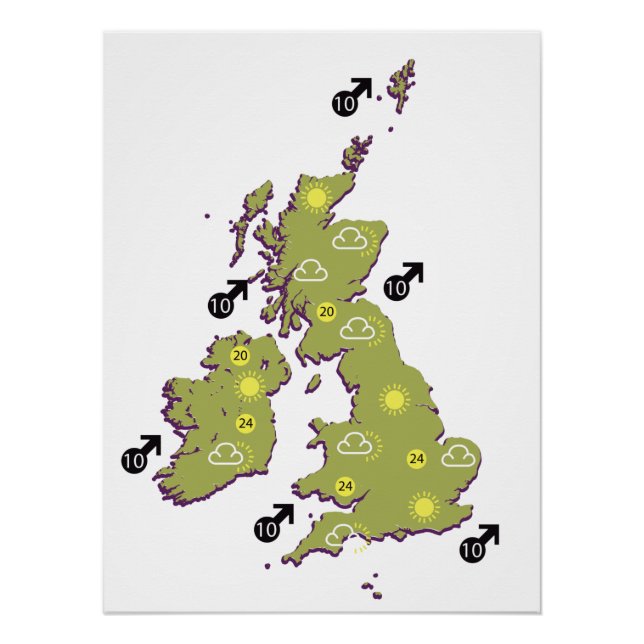Póster Mapa meteorológico retro de las Islas Británicas (Anverso)