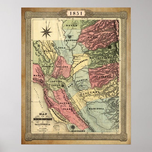 Póster Mapa minero de California de 1851 (Frente)