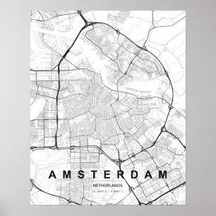 Póster Mapa minimalista de Ámsterdam (Blanco y Negro)