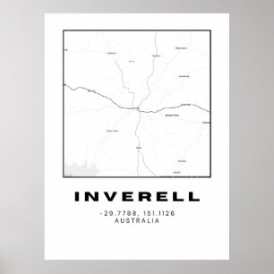 Póster Mapa minimalista de Inverell con coordenadas   Neg