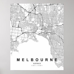 Póster Mapa minimalista de Melbourne (negro y blanco)
