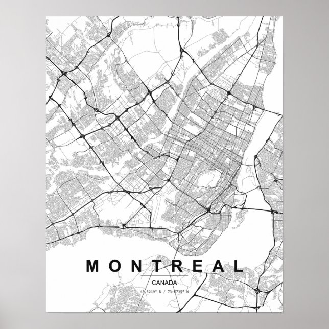 Póster Mapa minimalista de Montreal (negro y blanco) (Frente)