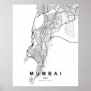 Póster Mapa minimalista de Mumbai (negro y blanco)