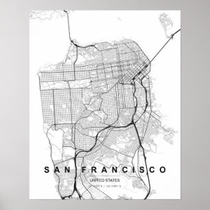 Póster Mapa minimalista de San Francisco (negro y blanco)