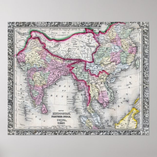 Póster Mapa Mitchell | India, Tíbet, China y SE Asia (Frente)