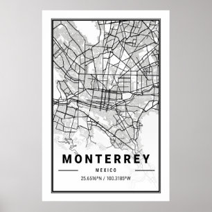 Póster Mapa moderno de ciudades de viajes en Monterrey Mé