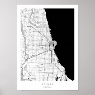 Póster Mapa moderno de línea blanca y negra en Chicago
