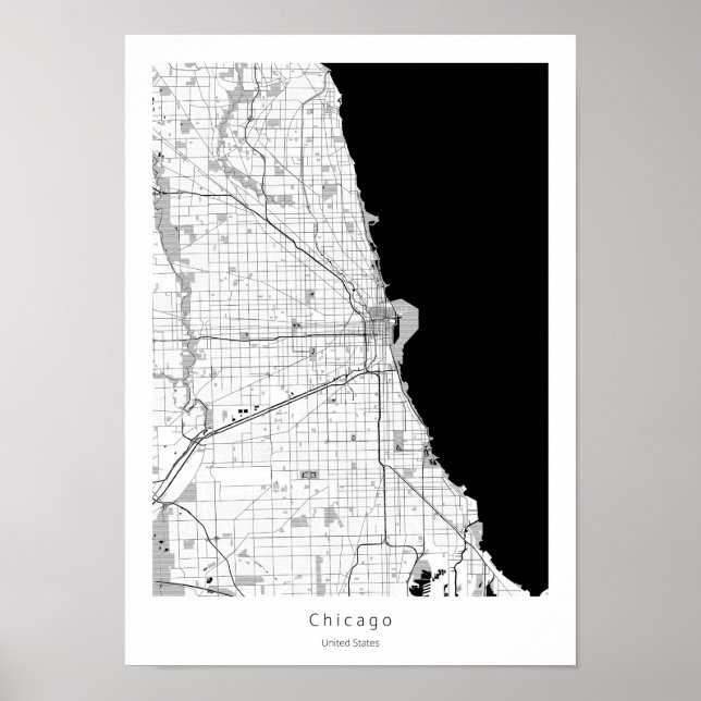 Póster Mapa moderno de línea blanca y negra en Chicago (Frente)