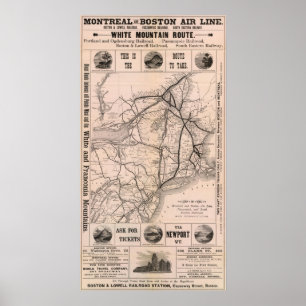Póster Mapa Montreal y línea de aire de Boston