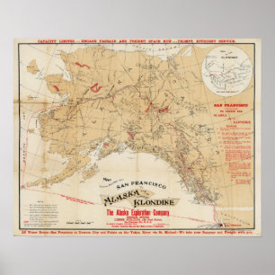 Póster Mapa mostrando rutas desde San Francisco a Alaska