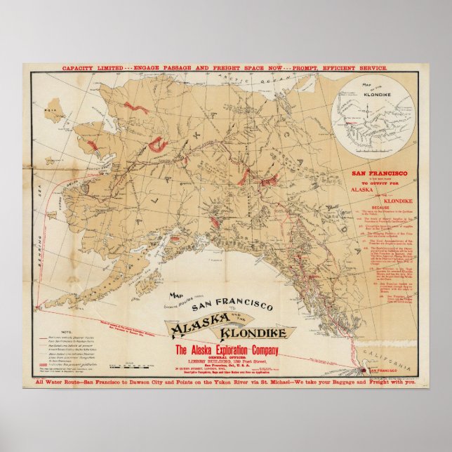 Póster Mapa mostrando rutas desde San Francisco a Alaska (Frente)