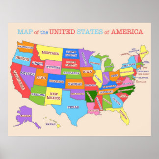 Póster Mapa multicolor de Estados Unidos