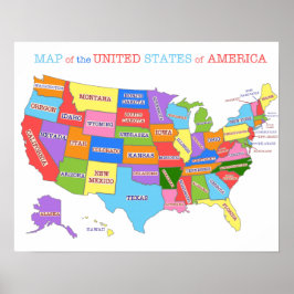 Póster Mapa multicolor de Estados Unidos