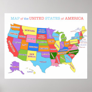 Póster Mapa multicolor de Estados Unidos