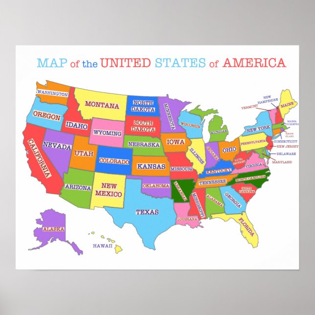 Póster Mapa multicolor de Estados Unidos (Frente)
