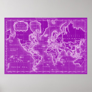 Póster Mapa Mundial (1766) Púrpura y Blanco