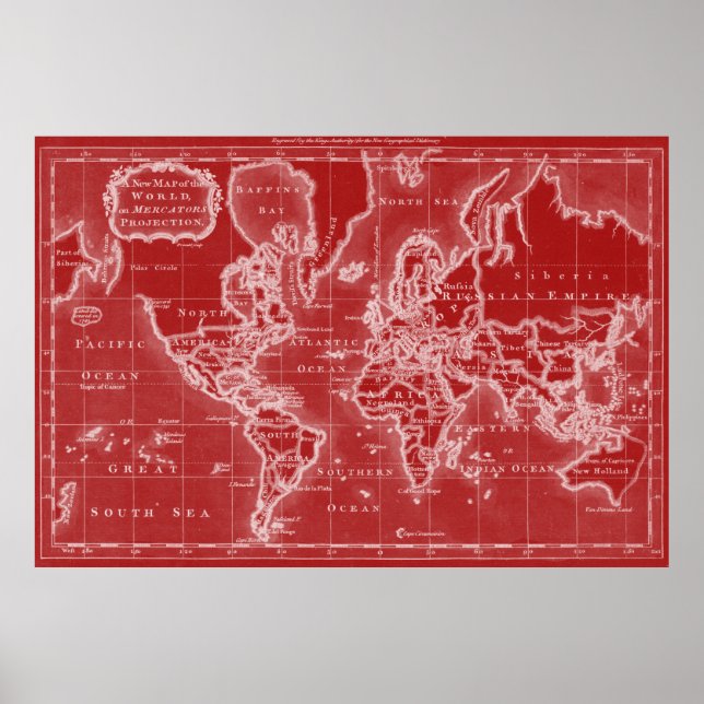Póster Mapa Mundial (1766) Rojo y Blanco (Frente)