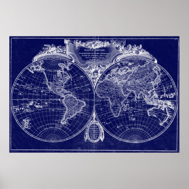 Póster Mapa Mundial (1775) Azul y Blanco (Frente)