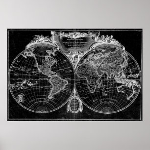 Póster Mapa Mundial (1775) Blanco y negro