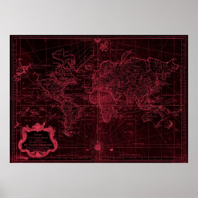 Póster Mapa Mundial (1778) Rojo negro y claro (Frente)