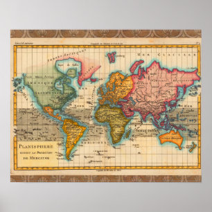 Póster Mapa Mundial 1780 Planisferio Antiguo de Bonne