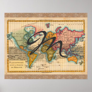 Póster Mapa Mundial 1780 Planisferio Antiguo de Bonne