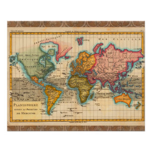 Póster Mapa Mundial 1780 Planisferio Antiguo de Bonne