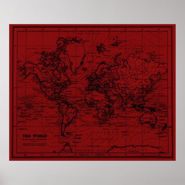 Póster Mapa Mundial (1899) Rojo oscuro y negro (Frente)