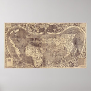 Póster Mapa Mundial Antiguo de Martin Waldseemuller de 15