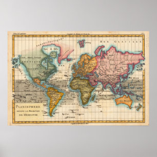 Póster Mapa Mundial Antiguo del Siglo XVIII 