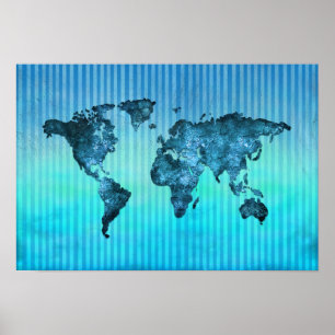 Póster Mapa mundial Bandas azul neón