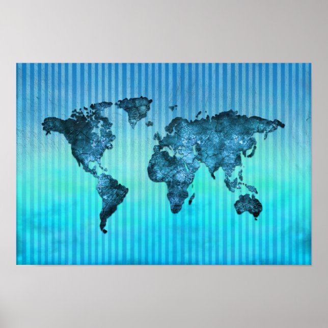 Póster Mapa mundial | Bandas azul neón (Frente)