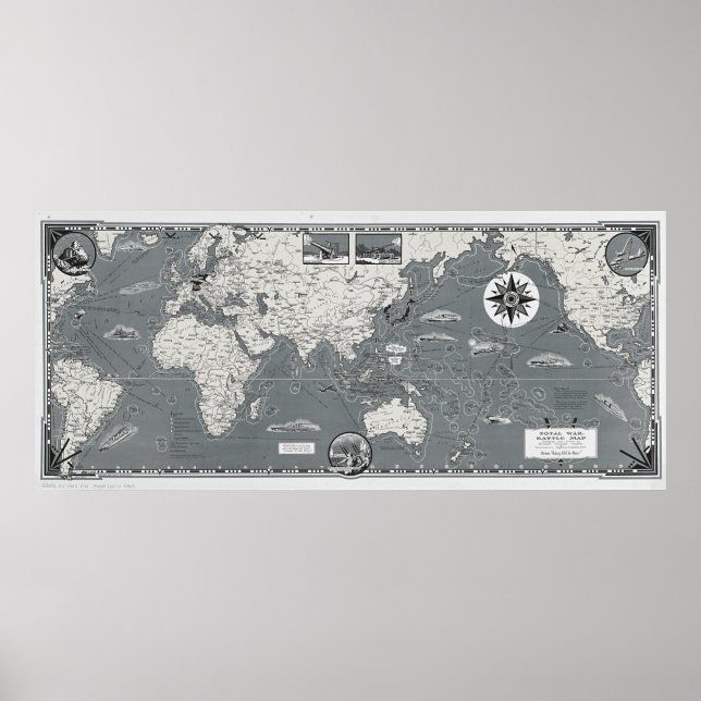 Póster Mapa Mundial Blanco Y Negro Mapa de la guerra tota (Frente)