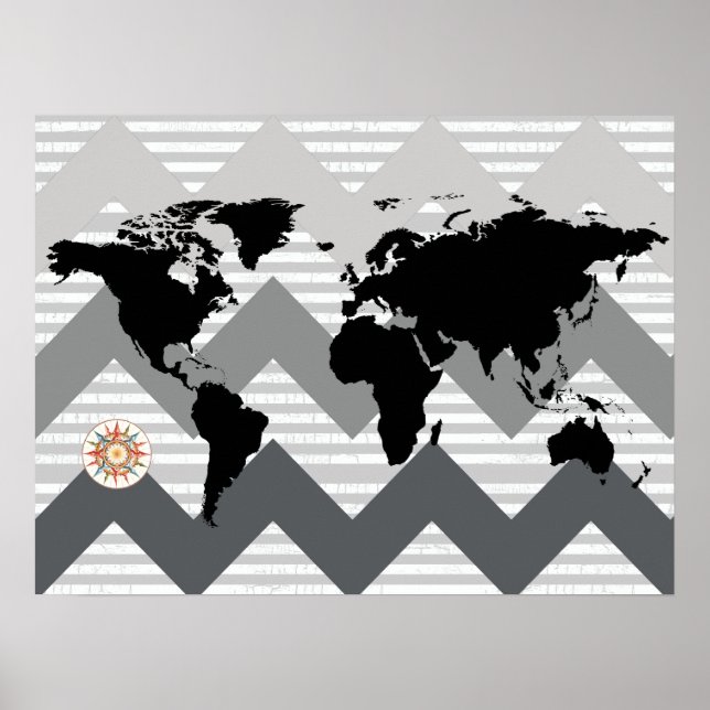 Póster mapa mundial con rayas de chevron (Frente)