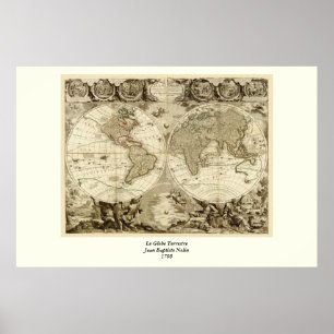 Póster Mapa Mundial de 1708 de Jean Baptiste Nolin