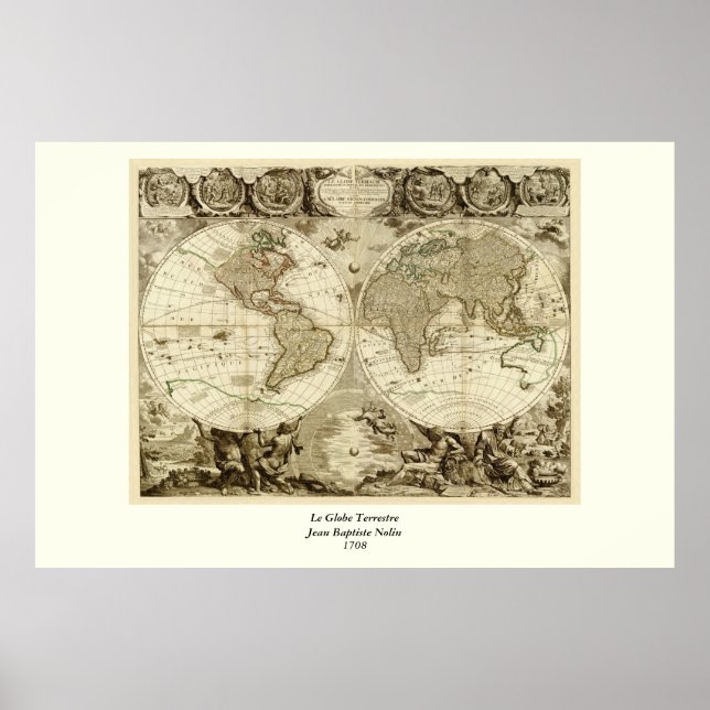 Póster Mapa Mundial de 1708 de Jean Baptiste Nolin (Frente)