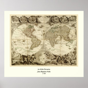Póster Mapa Mundial de 1708 de Jean Baptiste Nolin