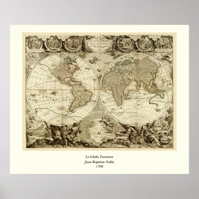 Póster Mapa Mundial de 1708 de Jean Baptiste Nolin (Frente)