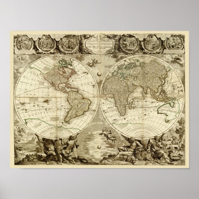Póster Mapa Mundial de 1708 de Jean Baptiste Nolin (Frente)